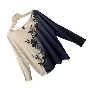 JFN Asymmetrical Scoop-Neck Floral Blue and Cream Blouse Perfect Condition NWT